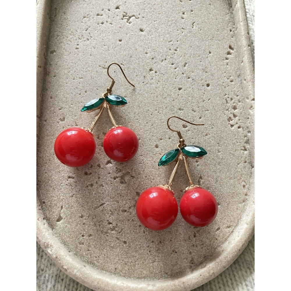 Cherry Dangle Earrings Red Bead Green Rhinestone Leaves Bold Chunky Glam Novelty